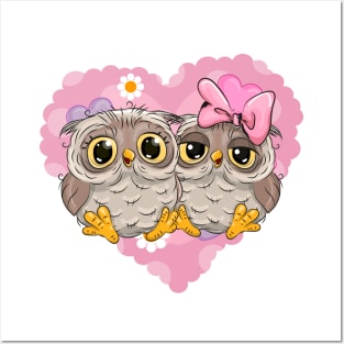 Two cute lovesick owls and a pink heart on the background Posters and Art